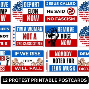 12 cartões de tamanho de cartão postal de PROTESTO para impressão, galeria de parede antifascista, download digital de cartões postais anti-Trump, antioligarquia e justiça social
