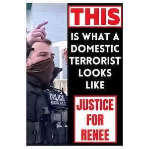 May include: Image with text: "THIS IS WHAT A DOMESTIC TERRORIST LOOKS LIKE" and "JUSTICE FOR RENEE". A person in a police uniform is pointing upwards. The person is wearing a face covering.