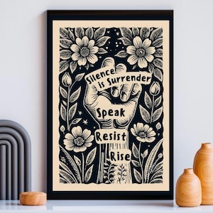 Serie de lucha por la justicia, libertad, antifascismo, carteles imprimibles, Trump, cita, arte feminista, impresión estilo linograbado, BLM social