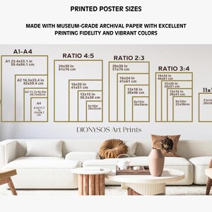 May include: Image showing various printed poster sizes, including A1-A4, Ratio 4:5, Ratio 2:3, Ratio 3:4, and 11x14 inches. The text indicates the posters are made with museum-grade archival paper with excellent printing fidelity and vibrant colors. The image is in a living room setting.