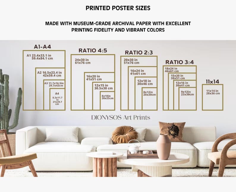 May include: Image showing various printed poster sizes, including A1-A4, Ratio 4:5, Ratio 2:3, Ratio 3:4, and 11x14 inches. The text indicates the posters are made with museum-grade archival paper with excellent printing fidelity and vibrant colors. The image is in a living room setting.