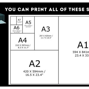 May include: A chart showing the different sizes of paper, from A1 to A7, with their corresponding dimensions in both inches and millimeters. The chart is labeled "YOU CAN PRINT ALL OF THESE SIZES!"