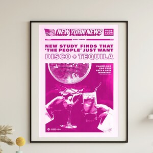 Disco Tequila Vintage Poster pink Bar Print Retro Vintage Decor Disco Bar Wall Art Digital Artwork Disco Newspaper Room Decor