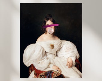 Altered Renaissance Portrait Print: Purple Bubblegum, Eclectic Wall Art (Digital Download)