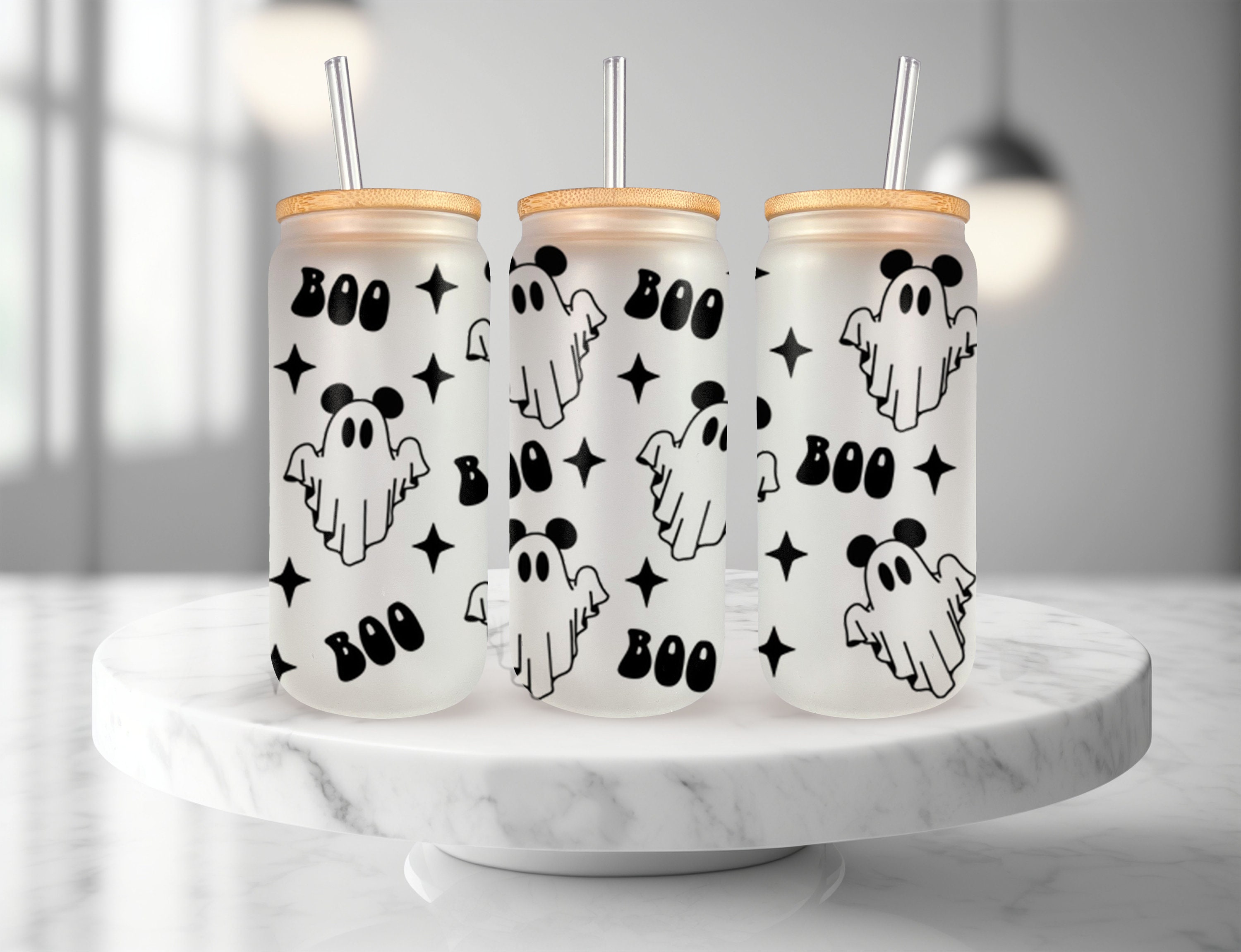 Ghost and Pumpkin Glass Cup with Bamboo Lid and Straw – Mrs Pretty