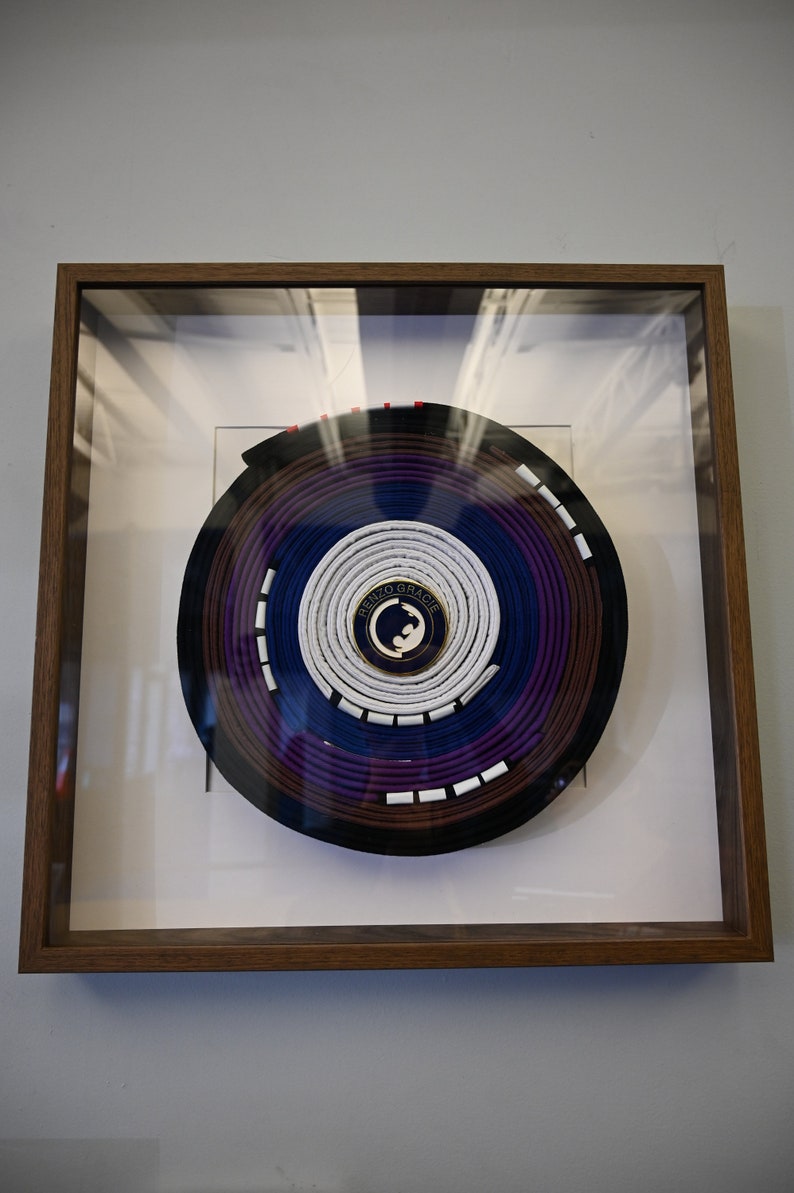 May include: Framed artwork featuring a circular arrangement of martial arts belts in various colors: black, brown, purple, blue, and white. The belts are coiled and displayed within a wooden frame, with the text "RENZO GRACIE" visible.