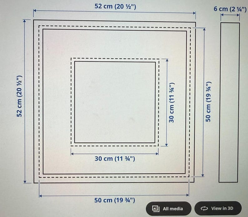 May include: Diagram of a square frame with dimensions in inches and centimeters. The outer frame measures 20 1/2 inches (52 cm) square, with an inner square of 11 3/4 inches (30 cm). The frame is 2 1/4 inches (6 cm) thick.