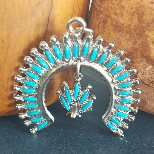 Vintage Naja Squash Blossom Faux Turquoise Pendant Silvertone