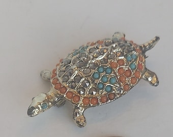 Vintage Goldtone Tortoise Turtle Brooch with Marcasites & Blue and Orange Balls