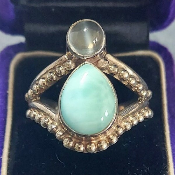 Vintage Sajen Larimar and Moonstone Ring 925 Sterling Silver Size 9