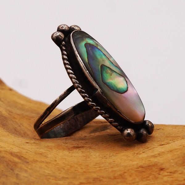 Vintage Taxco Abalone Sterling Silver Ring Signed HLF Taxco Mexico Size 6