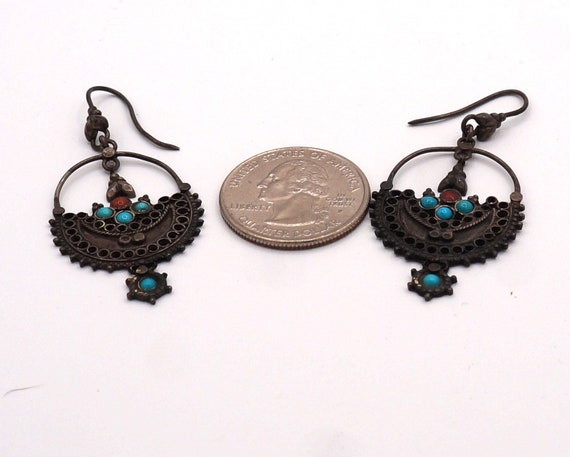 Vintage Silver Crescent Filigree & Faux Turquoise… - image 5