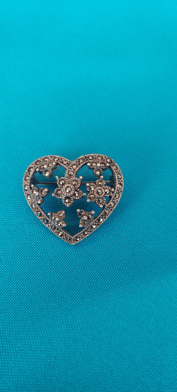 Vintage Marcasite Heart Brooch with Flowers and L… - image 1