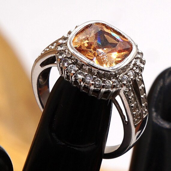 Vintage Square Citrine & CZ Halo Silver Cathedral… - image 5