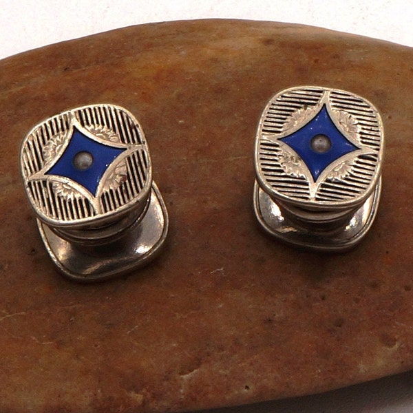 1940s Vintage Baer & Wilde Kum-A-Part Faux Pearl Lapis Enamel Cufflinks