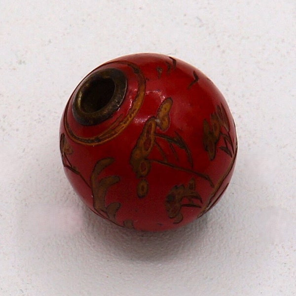 Antique to Vintage Japanese Ojime Red Bead Carved Mt. Fuji and Tree Scene