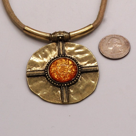 Vintage Large Brass Tone Round Cross Disc Orange … - image 5