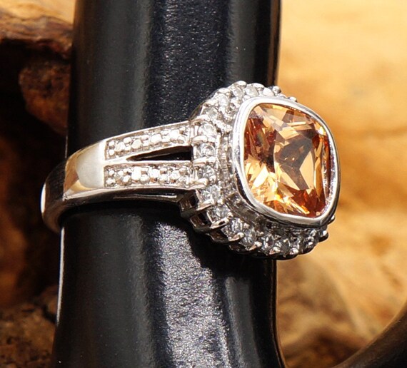 Vintage Square Citrine & CZ Halo Silver Cathedral… - image 3
