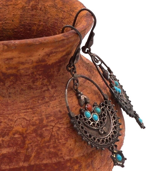 Vintage Silver Crescent Filigree & Faux Turquoise… - image 7