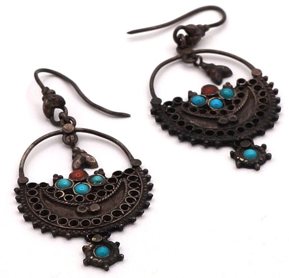 Vintage Silver Crescent Filigree & Faux Turquoise… - image 2