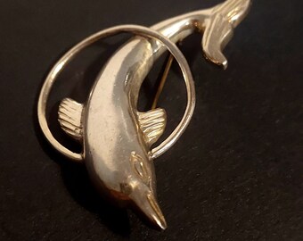Vintage 925 Sterling Silver Dolphin Brooch: Flying Through Hoop
