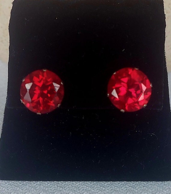 Vintage Large Red Ruby Studs Silver - image 2