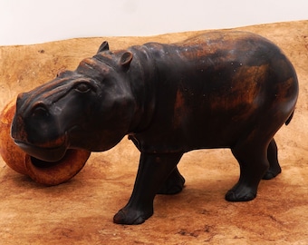 Vintage Walking Hippopotamus Solid Wood Hand Carved Sculpture Medium Size Signed