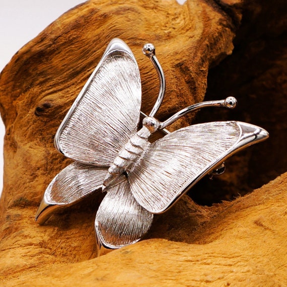 Monet Butterfly Vintage Brooch Silver Tone Brushe… - image 4