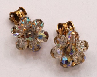 Vintage  Aurora Borealis Floral Faceted Glass Earrings Brass Tone Clip-ons