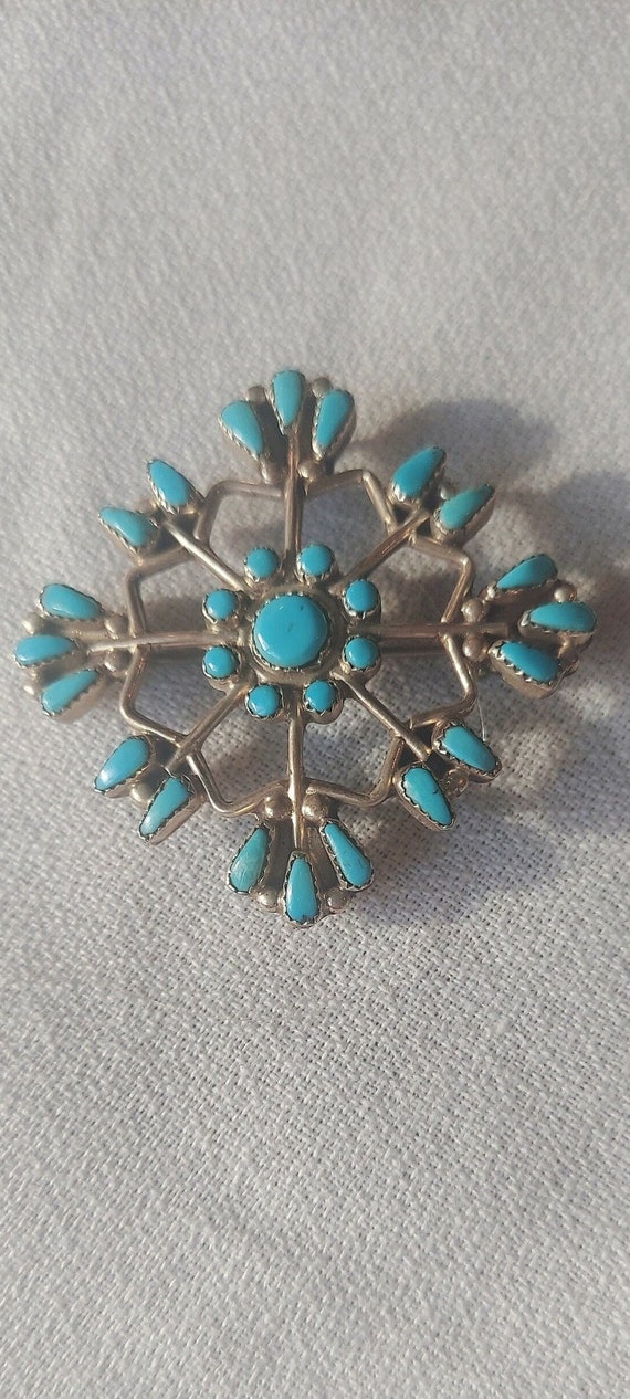 Vintage Zuni Style Turquoise Snowflake Pendant Bro