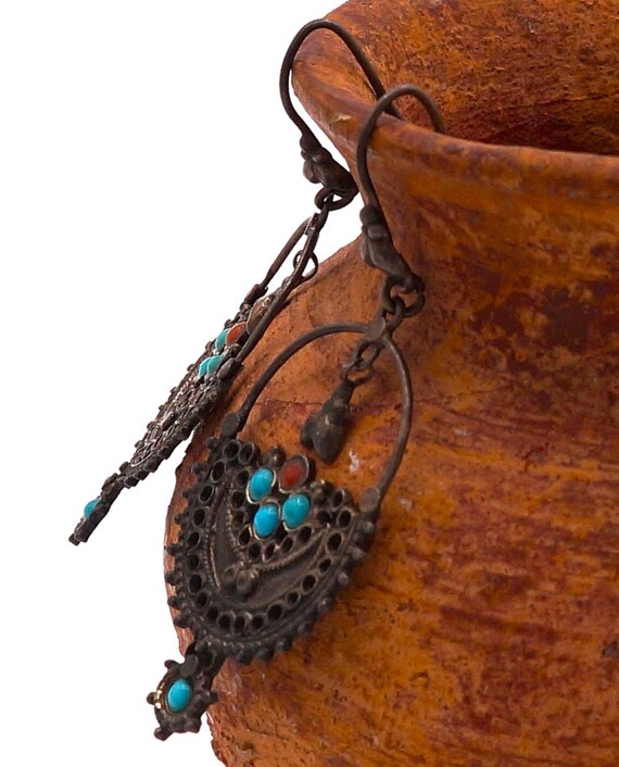 Vintage Silver Crescent Filigree & Faux Turquoise… - image 4