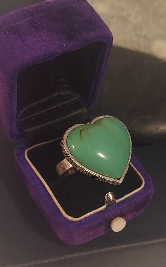Vintage Heart Shape Faux Turquoise Ring Silvertone