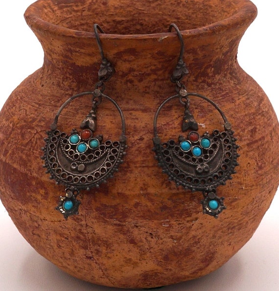 Vintage Silver Crescent Filigree & Faux Turquoise… - image 3