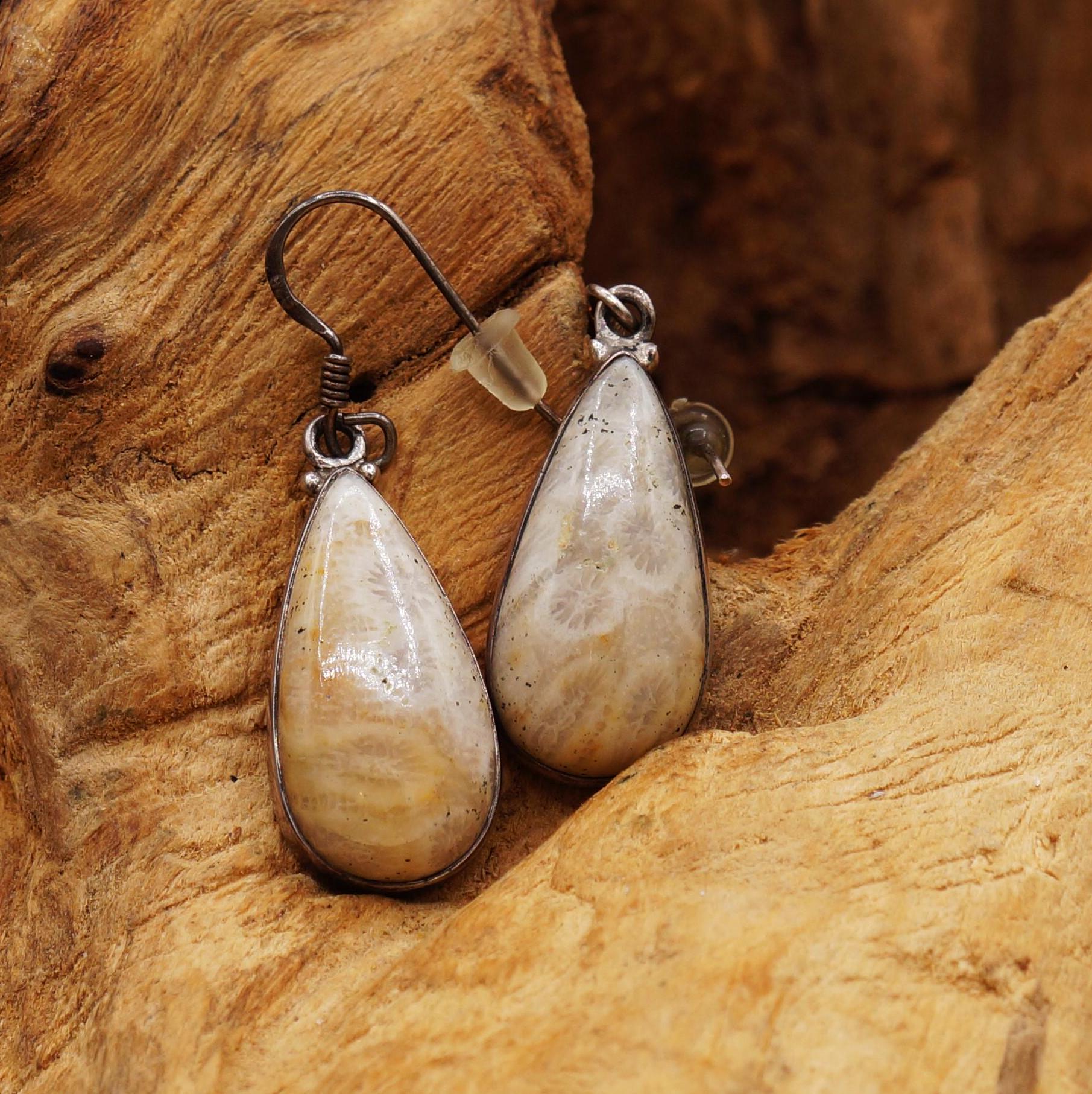 Boucles D'oreilles En Argent 925 Chrysanthème Fossile Corail - Fait Main - Neuf Sans Emballage