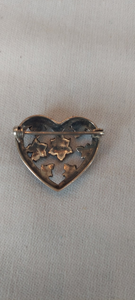 Vintage Marcasite Heart Brooch with Flowers and L… - image 4