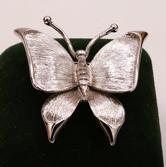 Monet Butterfly Vintage Brooch Silver Tone Brushe… - image 1