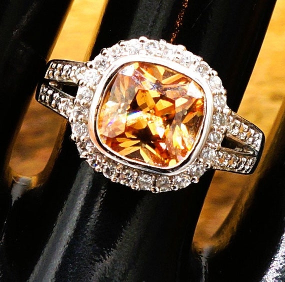 Vintage Square Citrine & CZ Halo Silver Cathedral… - image 2