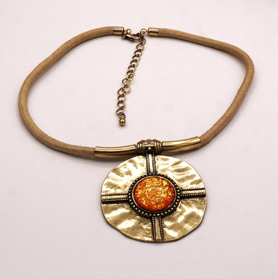 Vintage Large Brass Tone Round Cross Disc Orange … - image 1