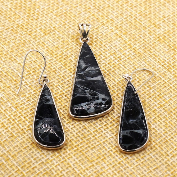 Vintage Obsidian & Zinc Teardrop Silver Pendant and Earring
