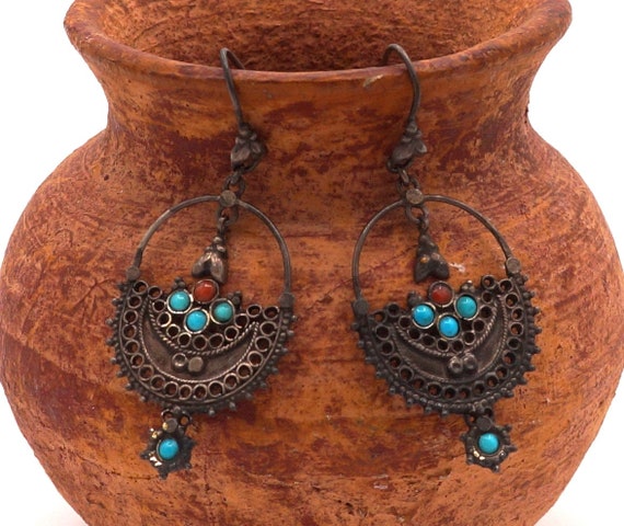 Vintage Silver Crescent Filigree & Faux Turquoise… - image 6