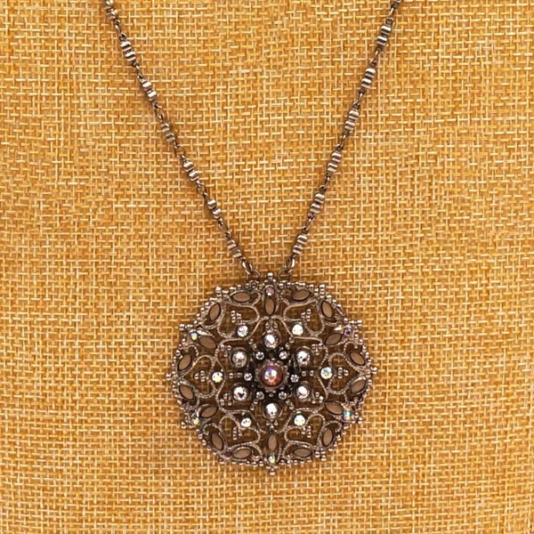 Vintage Sorrelli Round Filigree Crystal Pendant Chain Necklace 29-32" Adjust