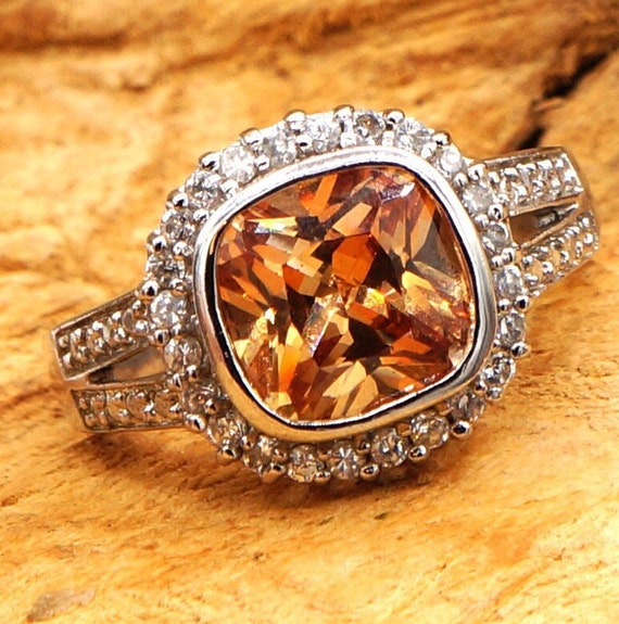 Vintage Square Citrine & CZ Halo Silver Cathedral… - image 1