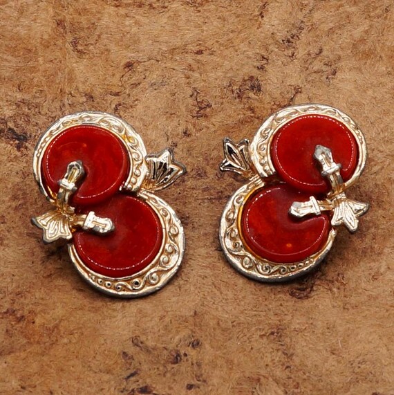 Boucles D'oreilles Vintage Art Déco 1930 - Bakélite Rouge Cerise, Fermoir Clip