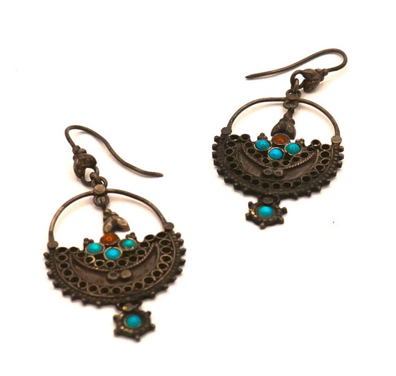 Vintage Silver Crescent Filigree & Faux Turquoise… - image 1