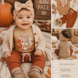 May include: A tan short-sleeved bodysuit with a squirrel graphic, rust-colored ribbed pants with a drawstring, a beige knit cardigan, a matching bow headband, and tan moccasins. The set includes 100% organic cotton fabric details.
