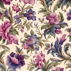 May include: A seamless pattern featuring a repeating design of pink and purple flowers with blue and green leaves on a cream background.