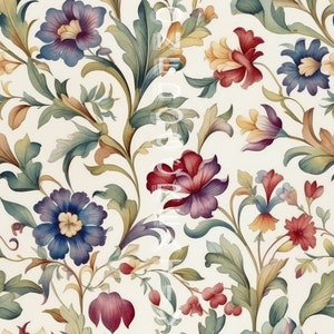 Könnte beinhalten: Ein nahtloses Muster mit einem sich wiederholenden Design aus stilisierten Blumen und Blättern in Grün-, Blau-, Rot- und Gelbtönen auf weißem Hintergrund.