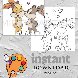 Könnte beinhalten: Ein digitaler Download einer Mal- und Schluck-Leinwand mit Bugs Bunny und Lola Bunny, die sich küssen. Das Bild ist farbig und enthält Herzen, die über den Hasen schweben. Eine Schwarzweißversion des Bildes ist ebenfalls enthalten.