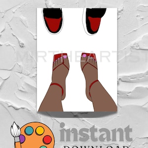Könnte beinhalten: Ein digitaler Download einer Mal- und Schluck-Leinwand mit einem Paar roten Schuhen und einem Paar roten Sandalen mit rosa Zehen. Das Bild ist auf weißem Hintergrund.