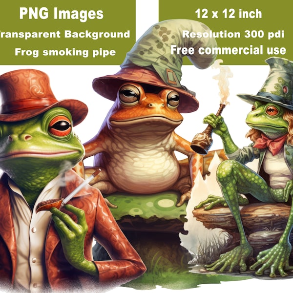 PNG Frog smoking Pipe, no background, transparent, Digital Clip Art High Quality, High Resolution, Clipart,  3 files 12x12 inch